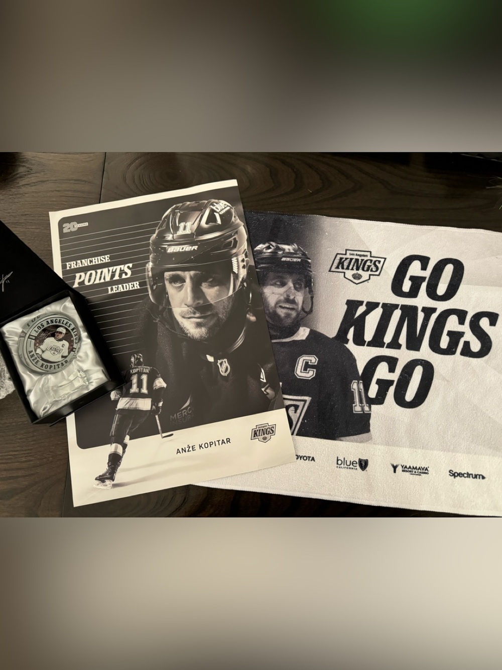 LA Kings Anze Kopitar Final NHL Season Bundle: Signed Crystal Puck,Poster Towel